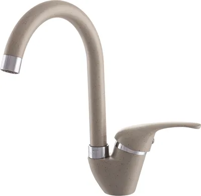 A close-up studio shot of a beige kitchen faucet with a silver accent.