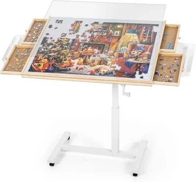 Image de Table d'assemblage de puzzles inclinable, avec 6 tiroirs, plateau de puzzle réglable en hauteur et sur les côtés, avec espace de rangement, table portable sur pieds, adaptée aux puzzles de 1500 pièces