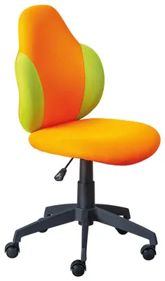 Jugenddrehstuhl JESSI mit orange-gelbem Mesh-Rückenlehne, grünen Seitenstützen und orange-gelbem Sitz, Gesamtansicht.