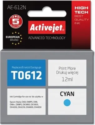 Produktbild von Activejet AE-1281N Tintenpatrone (Ersatz für Epson T1281; Höchste; 15ml; schwarz), Hohe (XL-) Ausbeute, Cyan, 12 ml, 1 Stück(e)