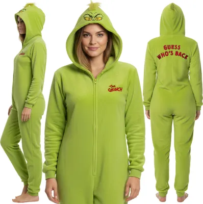 Obrázek produktu pro Grinch POLAROVÉ pyžamo JEDNODÍLNÉ na zip, dámské TEPLÉ onesie s kapucí L-XL