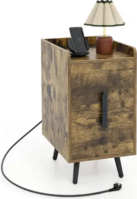 Image de Table de chevet - Table d'appoint - Station de recharge et ports USB - 2 tiroirs - Étroite - Pieds métalliques - Bois - Style marocain moderne - Marron