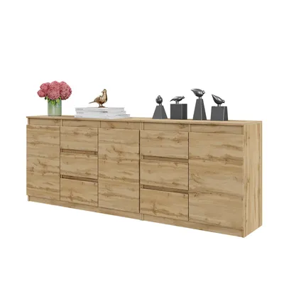 Zdjęcie produktu dla Komoda 200 Cm Dąb Wotan 6 Szuflad, 3 Drzwi, 3 Półki Zestaw Dwóch Komód, Salon