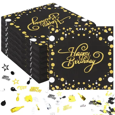 100 Servietten Schwarz-Gold + 60 g Konfetti für Geburtstag