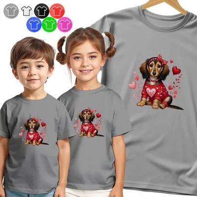Zdjęcie produktu dla Koszulka Dziecięca T-Shirt - Jamnik Serce Walentynki Dla Dzieci - M