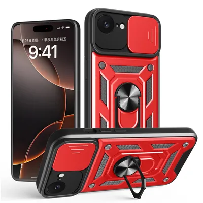 Produktbild von Panzer Hülle für iPhone 17E Handyhülle mit Kameraschutz Ringhalter Rot