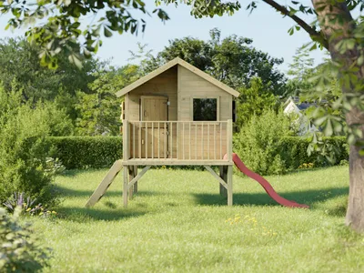 Produktbild von Stelzenhaus Brüssel für Kinder, kesseldruckimprägniert, mit Veranda, Einzeltür, 3 Fenstern und Fingerklemmschutz, 1.74x2.5 m