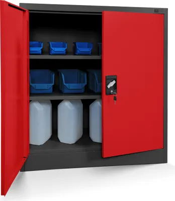 A metal cabinet with red doors, open to reveal shelves with blue storage bins and white containers.