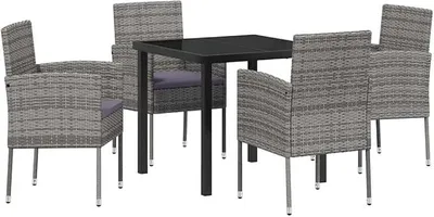 Immagine prodotto di Set da pranzo per giardino con cuscini, 5 pezzi, grigio, in rattan sintetico. Gruppo di sedute per 4 persone. Set di mobili da giardino con tavolo da pranzo e 4 sedie, ideale per terrazza, balcone o uso esterno