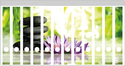 Produktbild von Wallario Ordnerrücken Sticker, selbstklebend für schmale Ordner, 12 Stück, Motiv Steinstapel in schwarz mit Blumenblüte in lila
