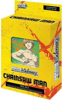 A yellow box of Weiss Schwarz Trial Deck: Chainsaw Man trading cards.