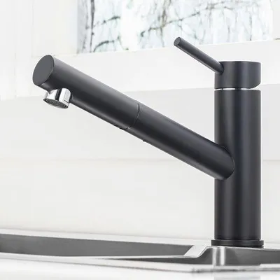 Produktbild von ONECE Schwarzer Küchenarmatur mit Ausziehfunktion, Spültischarmatur aus Edelstahl SUS304, Hochdruck-Küchenarmatur mit um 150° schwenkbarem Auslauf, Mischbatterie für die Küche