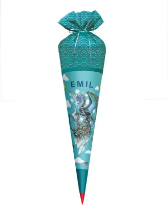 A school cone with a dragon design and the name 'EMIL' printed on it.