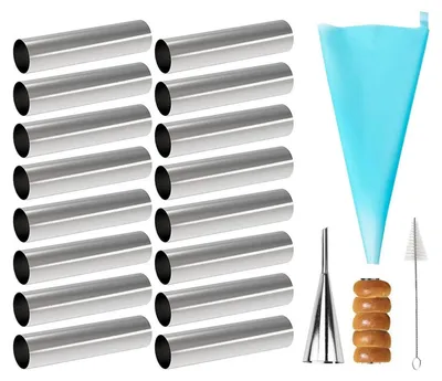 Image de Tuyaux pour cannoli, 19 pièces, en acier inoxydable, avec moules en forme de rouleaux et une brosse de nettoyage
