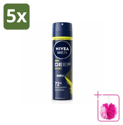 Imagen del producto de 5 unidades de desodorante en spray NIVEA MEN Deep Sport, 150 ml, pack ahorro