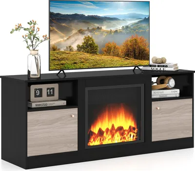 A black TV stand with a built-in electric fireplace, featuring a television on top and decorative items on the shelves.