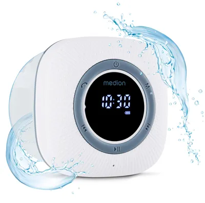 Produktbild von MEDION S66884 Duschradio mit Bluetooth (Badradio, UKW Radio, Saugnapf, LED-Display, IPX6 Wasserdicht, integrierter Akku, MD43884) weiß