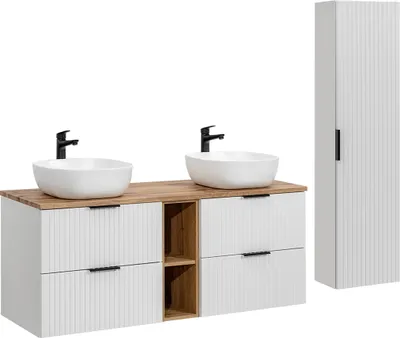 Produktbild von Doppelwaschtisch und Hängesäule 140.8cm Adriel mit 4 Schubladen, Weiß