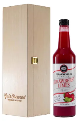 Produktbild von Olando Strawberry-Limes Liqueur mit Geschenk-Holzkiste