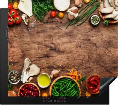 Produktbild von KitchenYeah© Herdabdeckplatte Kräuter - Gemüse - Rustikal , 57x51cm, Küche Deko, Glaskeramikkochfeld Herdabdeckung, Abdeckplatte fùr Kochfeld