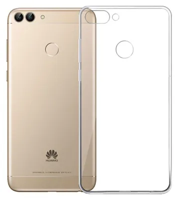 A gold Huawei smartphone is shown next to a transparent phone case.