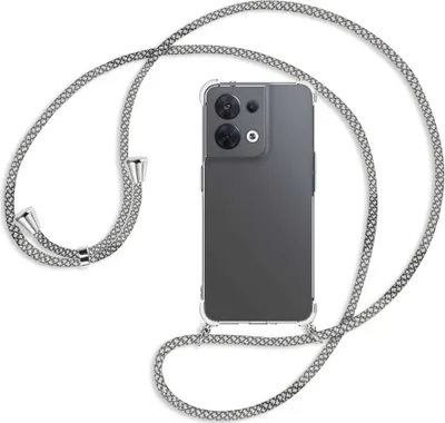 Produktbild von Handykette Backcover-Schutzhülle mit Band (Metall silberfarben) für Oppo Reno8 5G (CPH2359, 6.4'') - weiß/grau kariert
