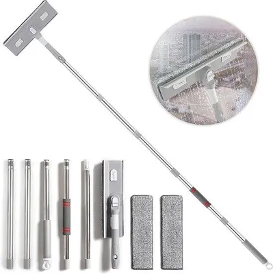 Productafbeelding van Unyqoos® 2-in-1 professionele set voor het reinigen van ramen, met een 226 cm (89 inch) telescoopstang, flexibele kop, 2 microvezel wasdoeken, grijs – geschikt voor binnen- en buitengebruik, badkamerramen en autoramen
