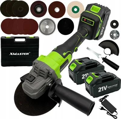 Produktbild von XMaster Winkelschleifer Diax, bürstenloser Motor, Akku, 2x 3Ah Akkus, inkl. Schleifscheiben, 125mm Scheibendurchmesser, 1,9kg (mit Akku), grün-schwarz, rutschfester, universaler Seitengriff, Drehzahlregelung, Sanftanlauf, für Metall, Holz, Keramik, Beton