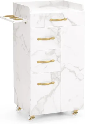 Produktbild von Friseurwagen mit 3 Schubladen & 2 Schränken, Beauty Salon Trolley mit 3 Föhnhaltern, Rollwagen Servierwagen für Schönheitssalon, Friseur Arbeitswagen, 39x58x90cm, 0065 (Weiß-Gold)