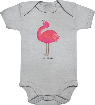 Produktbild von Mr. & Mrs. Panda Einteiler Flamingo Stolz 3. - 6. Monat - Heather Grey - Geschenk, Strampler, Babybody, overall baby, babykleidung body, Mama, Freundin, Babystrampler