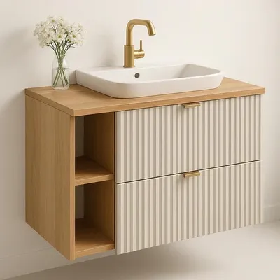 Produktbild von WENA Waschtischunterschrank mit Regal, geriffelte Fronten, 2 Soft Close-Schubladen (Farbe: Kaschmir / Eiche)