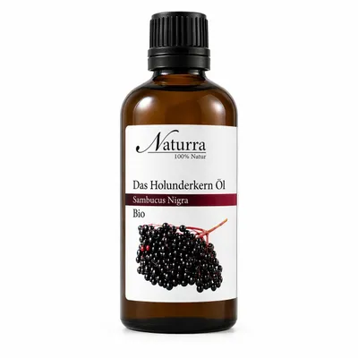 Produktbild von Holunderkernöl Bio 50ml – kaltgepresst unraffiniert nativ – Naturkosmetik im Glas – Naturra Premium Hautpflege Holunderöl mit Omega 3, 6 & 9