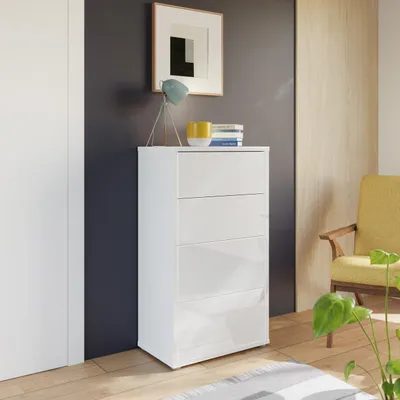 Produktbild von Forte ALICE SPRINGS Kommode 50 60, moderne Kommode mit 4 Schubladen, Schlafzimmer, Wohnzimmer, Holzwerkstoff, Weiß Glanz, 54,5 cm breit x 99,1 cm hoch x 34,9 cm tief