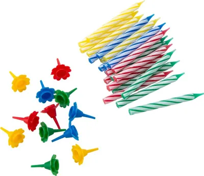Produktbild von Fackelmann Kerzen + Kerzenhalter, Geburtstagskerzen für den Kindergeburtstag, Kuchenkerzen (Farbe: Rot, Blau, Gelb, Grün), Menge: 24 Kerzen, 12 Kerzenhalter