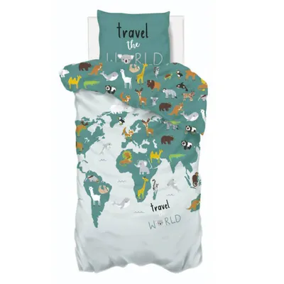 A duvet cover and pillowcase set with a world map and animal print.