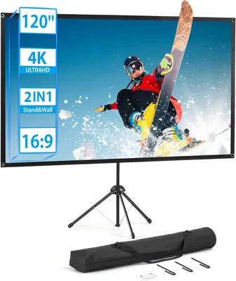 Imagen del producto de Pantalla para proyector con trípode, pantalla portátil para proyector de 120 pulgadas, formato 16:9, pantalla 4K HD, ligera y compacta, ideal para cine en casa, para proyecciones en interiores