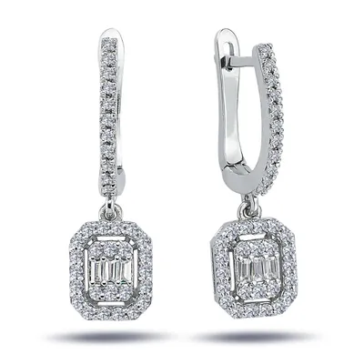 Immagine prodotto di orecchini con diamante creolo taglio baguette e brillante da 0,55 carati, oro bianco 14 carati