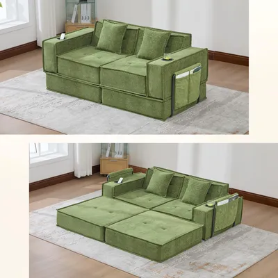 Produktbild von Schlafsofa Zweisitzer Chenille Pouf Stauraum Getränkehalter 2 Kissen 162x78x66 cm grün