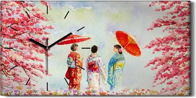 Produktbild von Wandbild Leinwand Bilder Wanduhr 60x30 Gemälde Aquarelle Bäume Japanisch - schwarze Hände