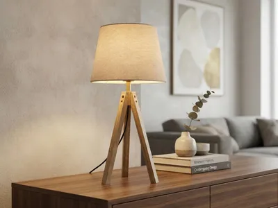 Produktbild von Große Tischlampe skandinavisch mit Holz & E27 Leinen Stoffschirm Beige Höhe 55cm