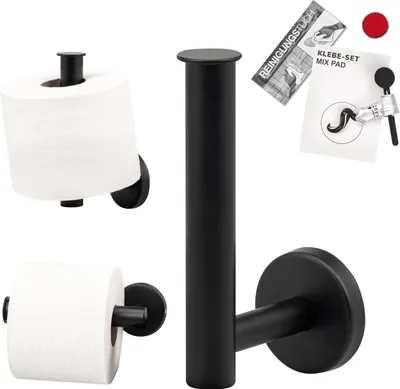 Immagine prodotto di Serie per il bagno PIAZZA BLACK di bremermann - Portarotolo 2in1 con set di adesivi in acciaio inossidabile nero opaco