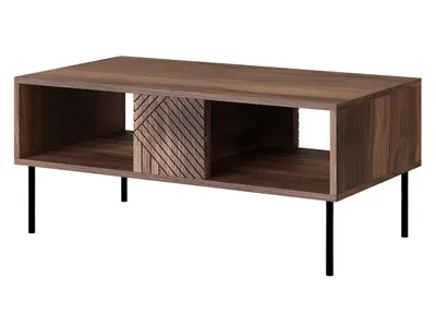 A coffee table with a wooden top and black metal legs, shown against a white background.