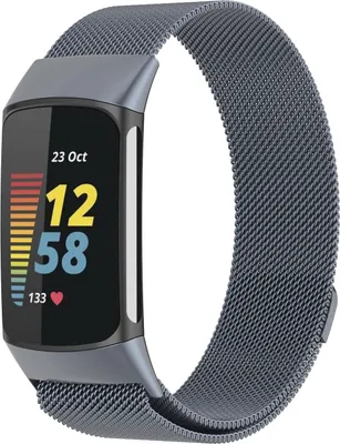 Produktbild von Strap-it Milanese Armband - Kompatibel mit Fitbit Charge 5 Armband Ersatzarmband Edelstahl - Magnetverschluss - Hochwertiges Material - für Armband Space grey