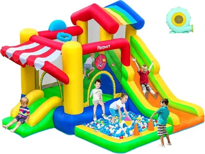Image de Château gonflable pour enfants avec double toboggan, trampoline, piscine à balles, lance-balles, mur d'escalade et panier de basket, adapté pour une utilisation intérieure et extérieure, dimensions : 322 x 305 x 2