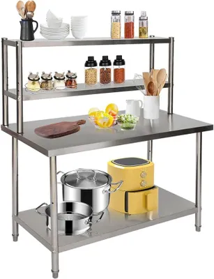 Imagen del producto de Mesa de trabajo de acero inoxidable, 120x60 cm, con altura ajustable, capacidad de 250 kg, ideal para cocina
