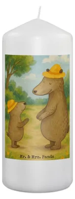 Produktbild von Mr. & Mrs. Panda Kerze Bären mit Hut Design 19 x 8 cm - Weiß - Geschenk, Muttertag, Kinder, Bedruckte, Erinnerungslicht, Papa, Stumpenkerze, Blockkerze, Bär, Family