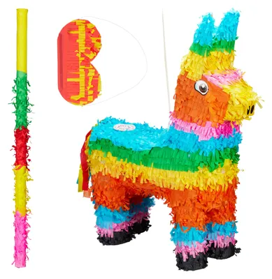 Produktbild von 3 tlg. Pinata Set Lama, Pinatastab mit Augenmaske, Piniata für Kinder, Stock & Augenbinde, Esel Piñata ungefüllt, bunt
