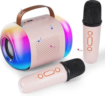 Zdjęcie produktu dla Zestaw karaoke dla dzieci z 2 mikrofonami – przenośny zestaw karaoke z Bluetooth, głośnikami i diodami LED