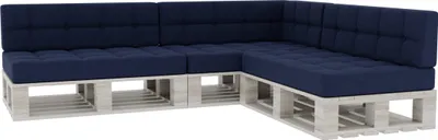 A sectional outdoor sofa made of wooden pallets with navy blue cushions, shown against a white background.