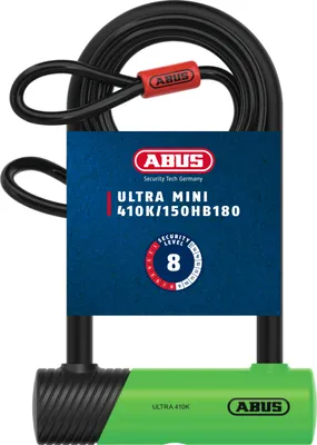 Produktbild von ABUS Bügelschloss 410K Ultra für Fahrrad und E-Scooter - handliches und robustes Fahrradschloss mit praktischer Halterung zum Transport - Fahrrad-Zubehör - Variante 150HB180 - 180 mm hoher Bügel - Grün + Cobra 10/120 - 120 mm Seillänge